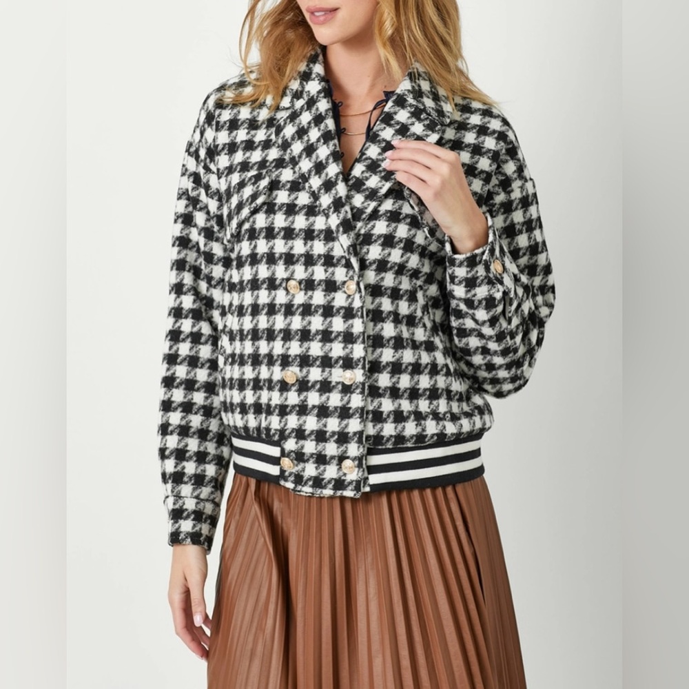 New Mystree Check Tweed Bomber Jacket in Black and White Houndstooth Sz Large